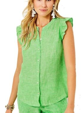 Lilly Pulitzer 100% Linen Ruffle Bright Green Sleeveless Button-Front Top (XL)